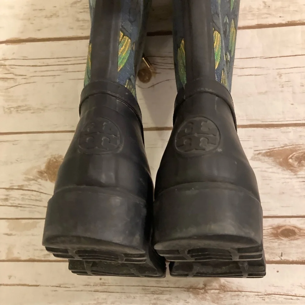 Tory Burch Lana Beetle Printed Tall Rain Boots Size 7